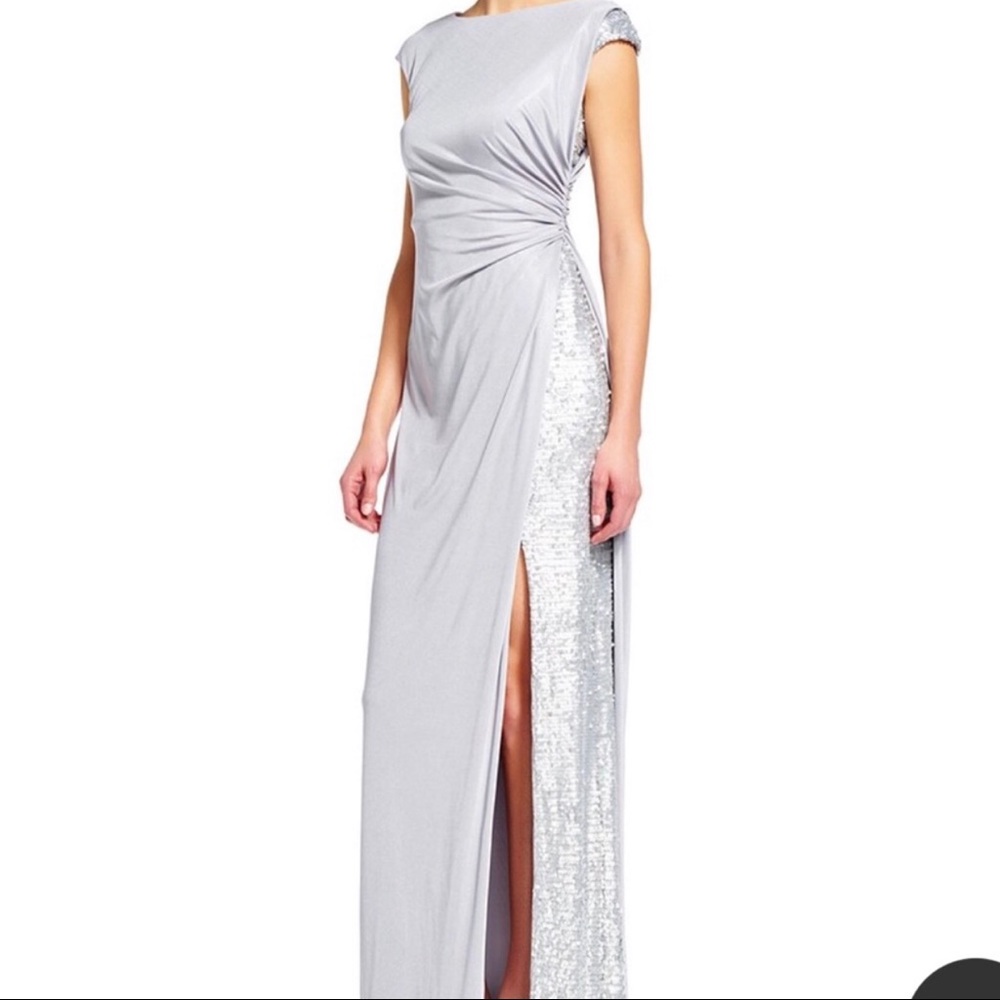 Adrianna Papell Silver Silky Sequin Evening Gown